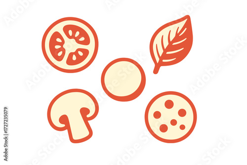 Vibrant assortment of fresh pizza ingredients including sliced tomato, mushroom, basil, and pepperoni, artfully arranged on a white background for culinary design projects