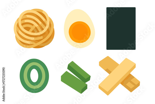 Stylized collection of Asian food ingredients featuring ramen noodles, boiled egg, nori seaweed, green onions, and vegetable sticks