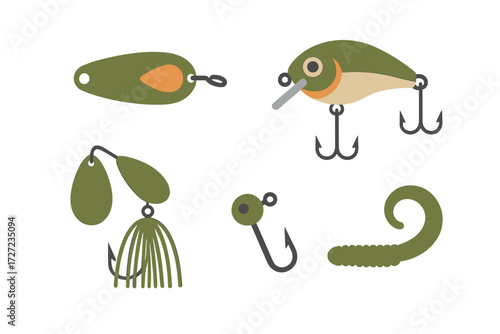 Assortment of fishing lures, hooks, and artificial bait for angling