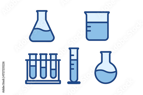 Essential laboratory glassware for scientific research including beakers, flasks, test tubes, and graduated cylinder