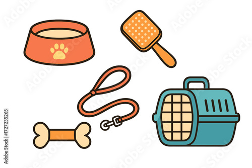 Assortment of essential pet care items including food bowl, leash, grooming brush, chew bone, and travel carrier