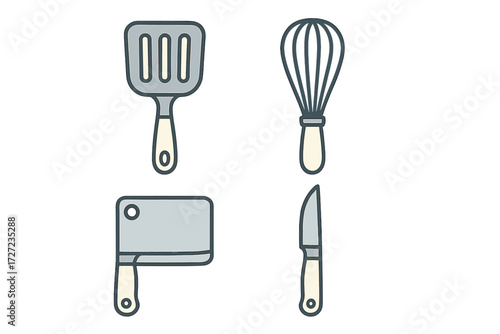 Essential kitchen cooking utensils collection with spatula, whisk, meat cleaver, and paring knife for food preparation