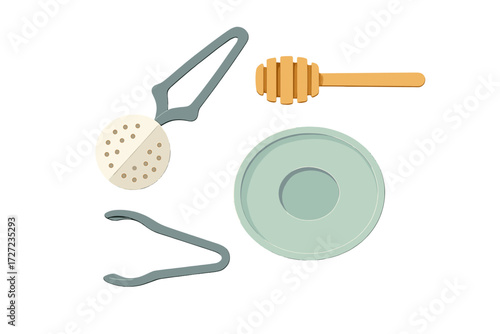 Minimalist kitchen and tea accessories set including a honey dipper, tea infuser, tongs, and a coaster on a clean white background