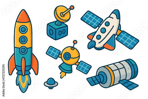 Vibrant cartoon space vehicles, rockets, and communication satellites for cosmic exploration designs and themes