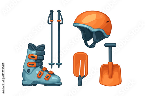 Collection of essential winter sports equipment including ski boot, poles, helmet, and snow shovels for outdoor activities