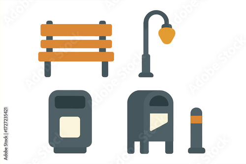 Collection of essential city street elements including a park bench, street lamp, public trash can, mailbox, and bollard