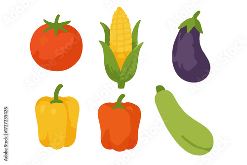 Assortment of fresh colorful garden vegetables including tomato corn eggplant bell peppers zucchini