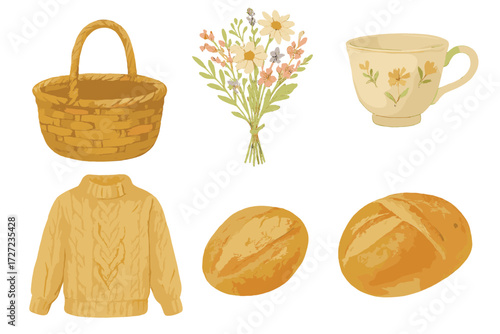 Cozy autumn essentials collection with wicker basket, floral bouquet, warm sweater, teacup, and fresh bread