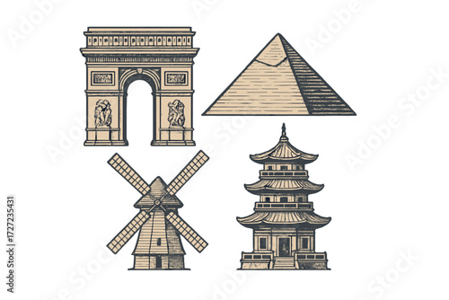 Hand drawn style iconic global landmarks and architectural wonders from various cultures and historical periods