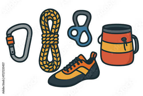 Collection of essential rock climbing equipment including rope carabiner belay device shoes and chalk bag