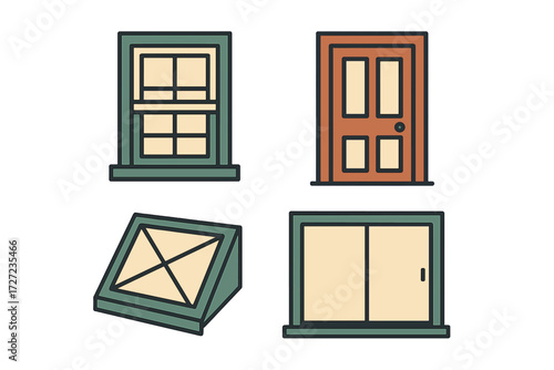 Collection of various architectural elements including a classic window, a modern door, a skylight, and a sliding glass door