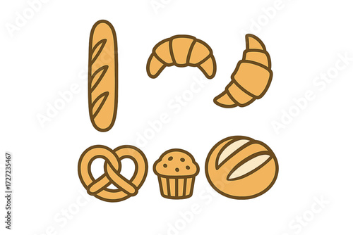 Collection of freshly baked goods featuring baguette, croissants, muffin, pretzel, and round bread