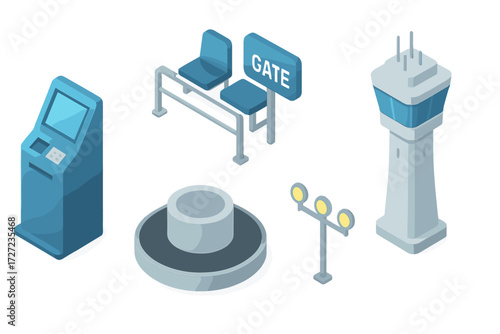 Isometric airport terminal elements including check-in kiosk, waiting chairs, baggage claim, control tower, and runway lights