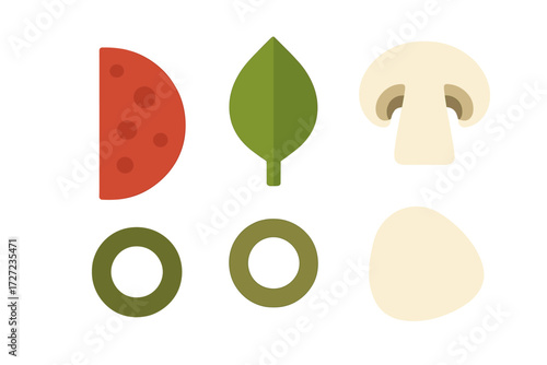 Assortment of fresh pizza toppings including pepperoni slices green basil leaf mushroom pieces olive rings and mozzarella cheese
