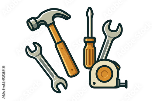 Assortment of essential hand tools for home improvement, construction, and general repair tasks including hammer, wrenches, screwdriver, and tape measure