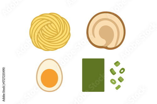 Japanese ramen soup ingredients set with noodles, chashu pork, soft boiled egg, nori seaweed, and chopped green onions