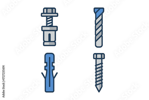 Assortment of construction hardware elements including bolt, drill bit, wall plug, and screw for various projects
