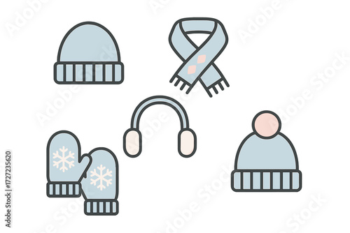 Stylized collection of cozy winter clothing accessories including knitted hats, a warm scarf, mittens, and earmuffs