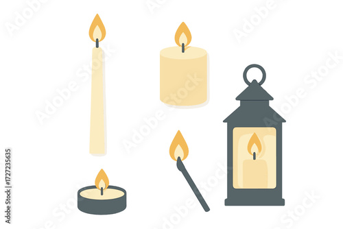 Set of various lit candles, including taper, pillar, and tea light, with a burning match and a decorative lantern