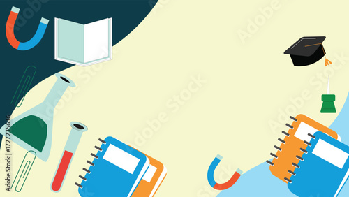 Creative educational background featuring notebooks graduation cap magnets science flasks and push pins on light backdrop perfect for school projects posters covers and invitations