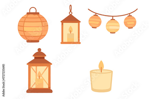 Assortment of illuminated paper lanterns, traditional candle holders, and a burning candle for festive decor and ambiance