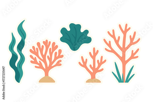 Vibrant collection of diverse underwater plants, coral, and seaweed elements for marine life designs