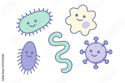 Cute smiling microorganisms for educational and health concepts, featuring friendly bacteria, viruses, and amoebas