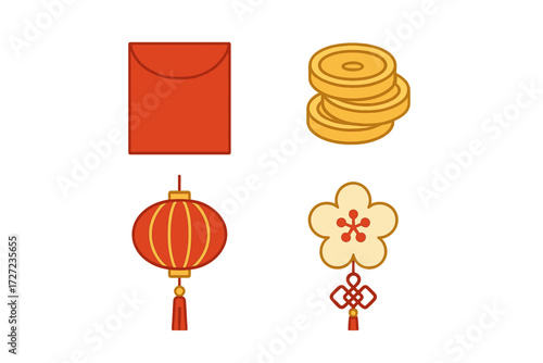 Traditional Asian cultural symbols of prosperity and celebration featuring red envelope, gold coins, lantern, and plum blossom