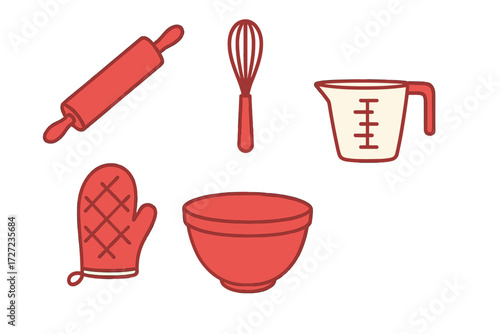 Essential baking tools and kitchen utensils including rolling pin, whisk, measuring cup, oven mitt, and mixing bowl