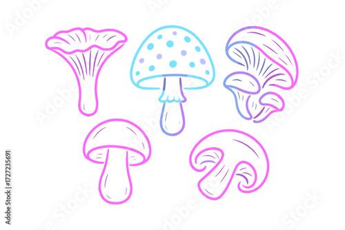 Assortment of stylized mushroom outlines with modern gradient color transitions on a clean white background