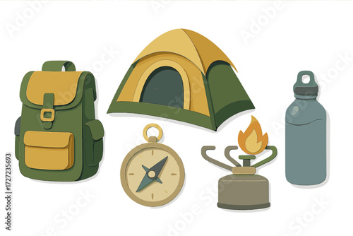 Collection of essential camping equipment for outdoor adventure, wilderness exploration, and nature travel activities