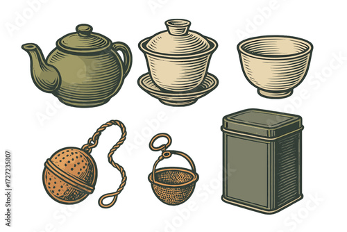 Vintage style collection of traditional tea brewing accessories, serving ware, and storage containers for hot beverages