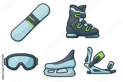 Winter sports equipment collection featuring snowboard, ski boot, goggles, ice skate, and binding