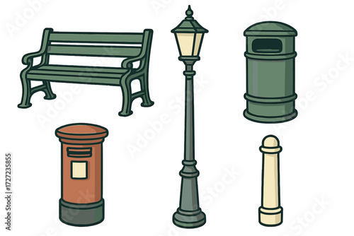 Collection of essential urban street furniture elements including bench, lamp post, trash can, post box, and bollard