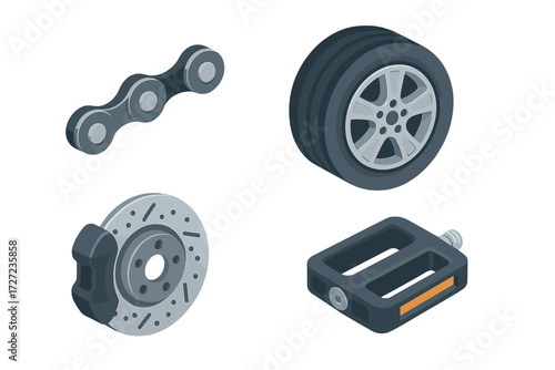 Automotive and cycling components set with car wheel, bicycle chain, disc brake, and pedal on white background