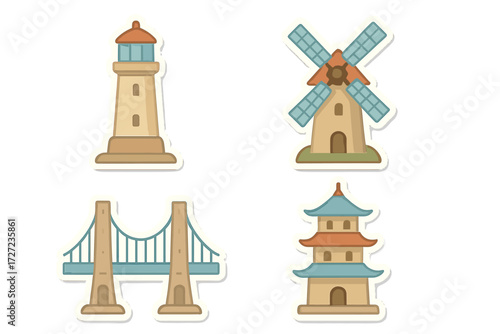 Collection of iconic landmarks including a lighthouse, windmill, suspension bridge, and traditional pagoda