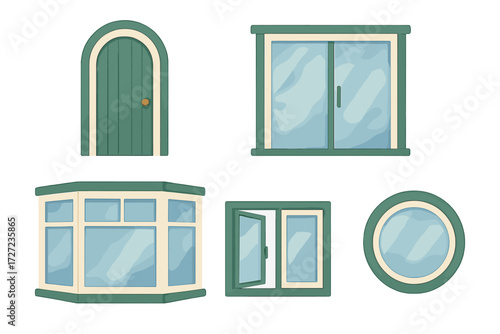 Diverse collection of architectural elements including various doors and windows with green frames and glass details