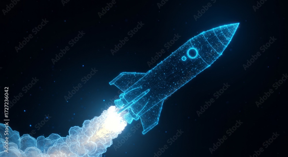 Fototapeta premium Close-up wireframe rocket engine — speed and acceleration concept — blue technology background — digital vector illustration
