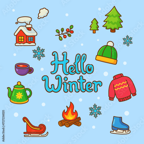 Winter clipart set PNG on transparent background with Hello Winter text, sweater, hat, skates, sled, fire, tea, house, fir trees, and snowflakes. Perfect for cards, stickers, and holiday projects.