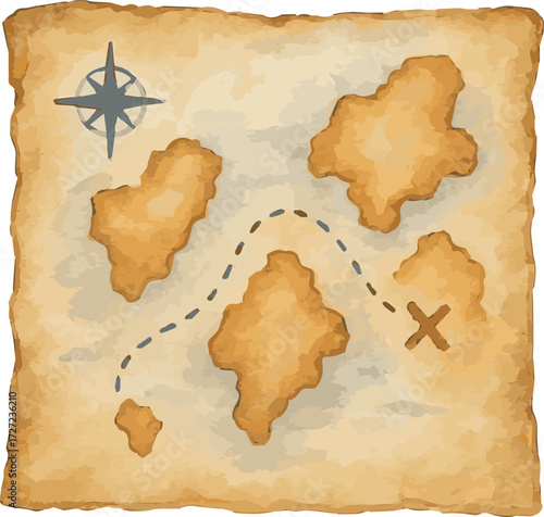 Vector watercolor cartoon illustration of an old pirate map with treasure