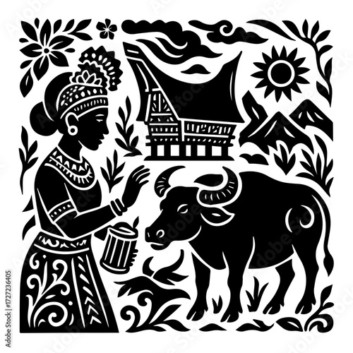 Woman with Water Buffalo — Southeast Asian Village, Heritage Woodcut (B/W Vector)