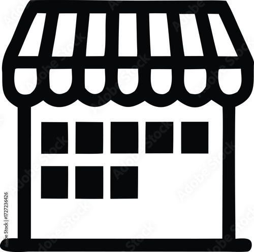 Simple black and white icon of a storefront with awning and windows representing retail business and commerce