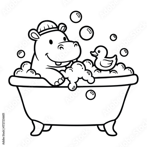 A cheerful hippo enjoying a bubble bath with a playful rubber duck in a vintage bathtub surrounded by bubbles
