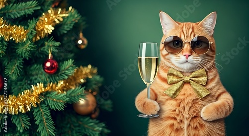 Cool Cat in Sunglasses and Bow Tie Celebrates Christmas with Champagne Toast