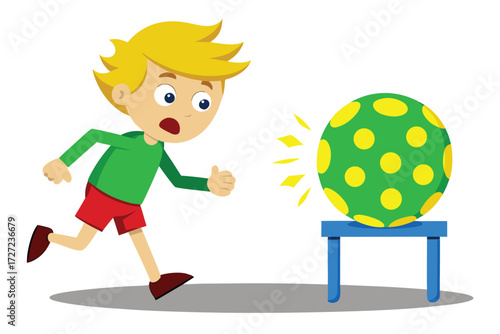 Surprised Boy Running Away From a Spiked Green and Yellow Ball on Table