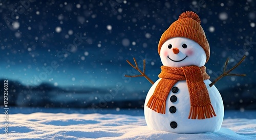 Wallpaper Mural Happy Snowman in Snowy Winter Night. Festive Scene with Falling Snow, Orange Hat and Scarf. Torontodigital.ca