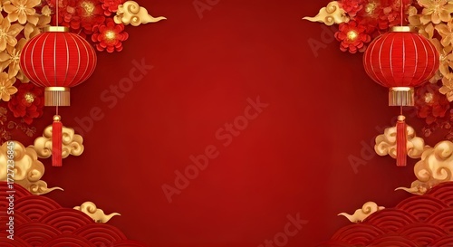 Wallpaper Mural Chinese New Year Red Background with Lanterns & Golden Clouds. Festive Lunar New Year Celebration Design Template. Torontodigital.ca