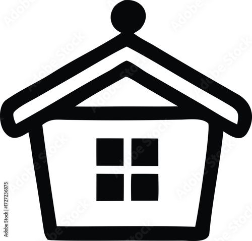 Simple black and white icon of a house with a window and decorative roof peak element