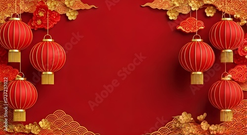 Wallpaper Mural Festive red background with traditional Chinese lanterns and golden auspicious decorations, perfect for Lunar New Year celebrations Torontodigital.ca