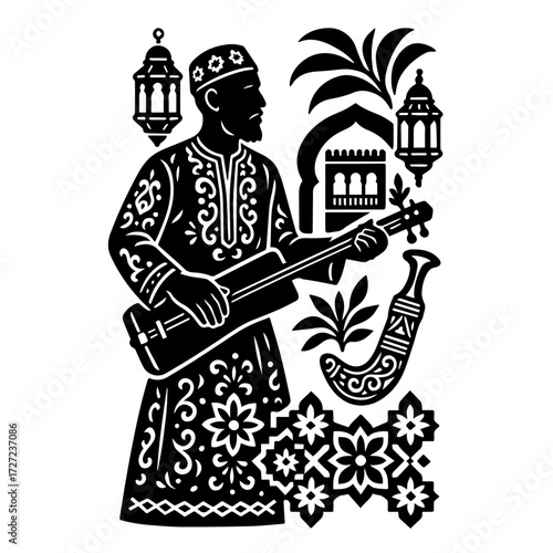 Ramadan Lantern Night — Oud Musician with Lute, Arabesque Ornaments (B/W Woodcut)